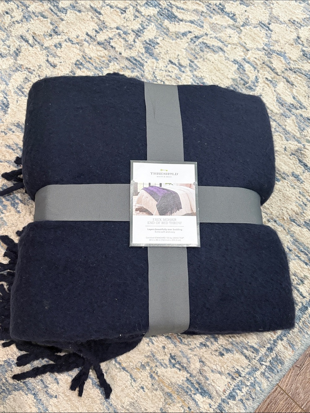 Threshold Navy Faux Mohair Throw with Fringe
